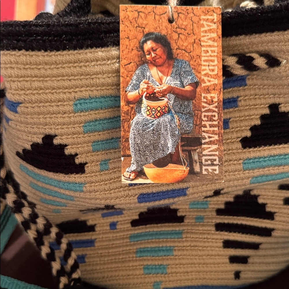 EXCHANGE Beige and Teal Patterned Tote.